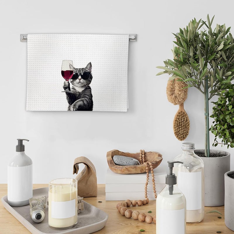 FIicy Funny Cat Kitchen Towels, Cat Bar Dish Towels, Gifts for CatWine Lovers Decorative Hand Towel Bar Towel for Kitchen Home Bar, CatKitchen Accessories, FunnyCat Wine Home Bars Decor(16x24lnch) - Image 4